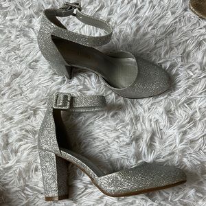 Silver Glitter Ankle Strap Pumps